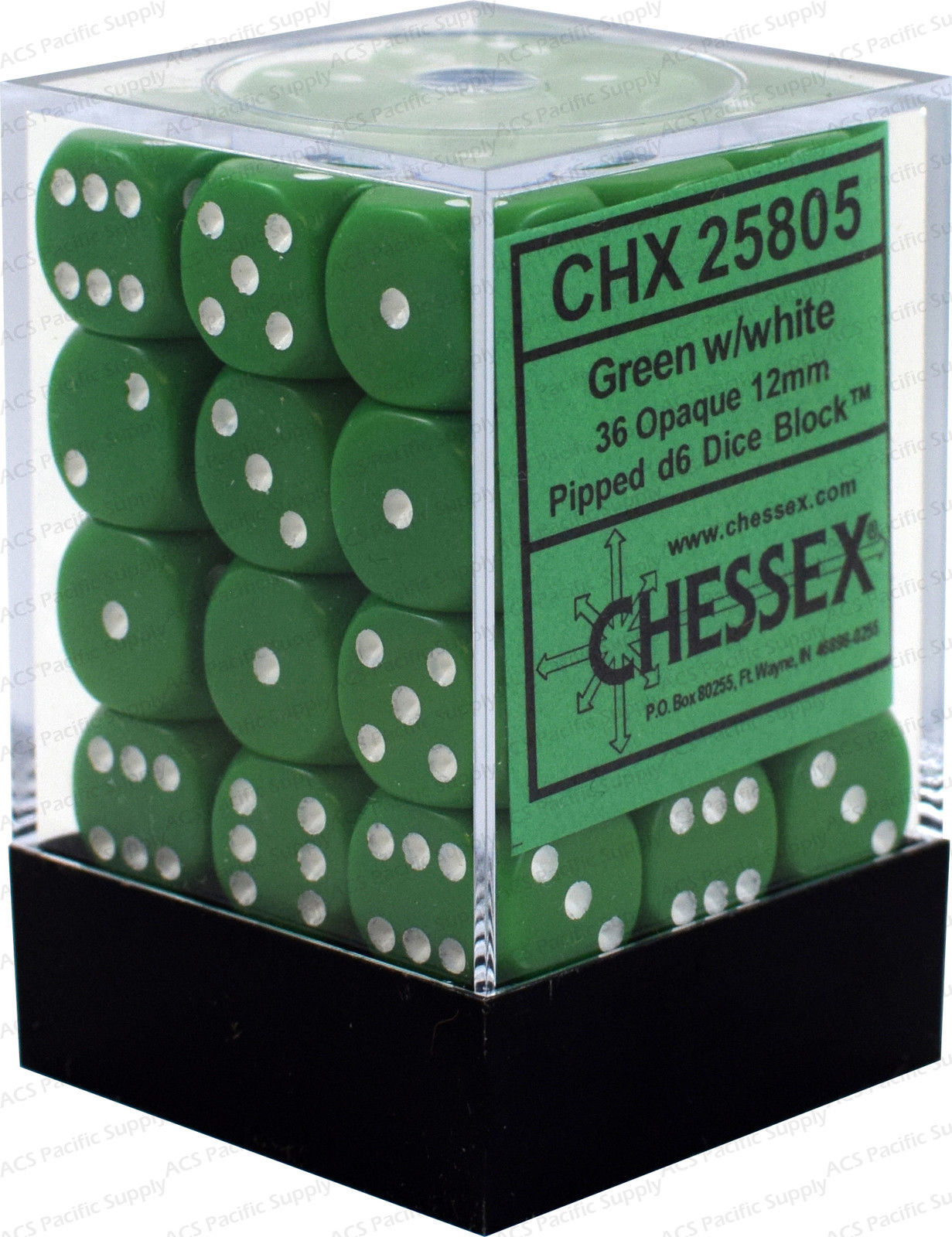 Chessex Opaque 36x 12mm Dice Green with White